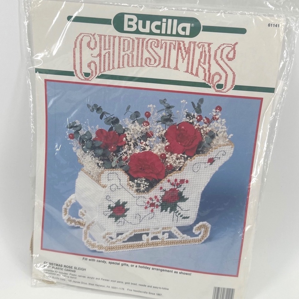 Bucilla Christmas Rose Sleigh Kit White NEW Vintage 1990 Plastic Canvas 61141